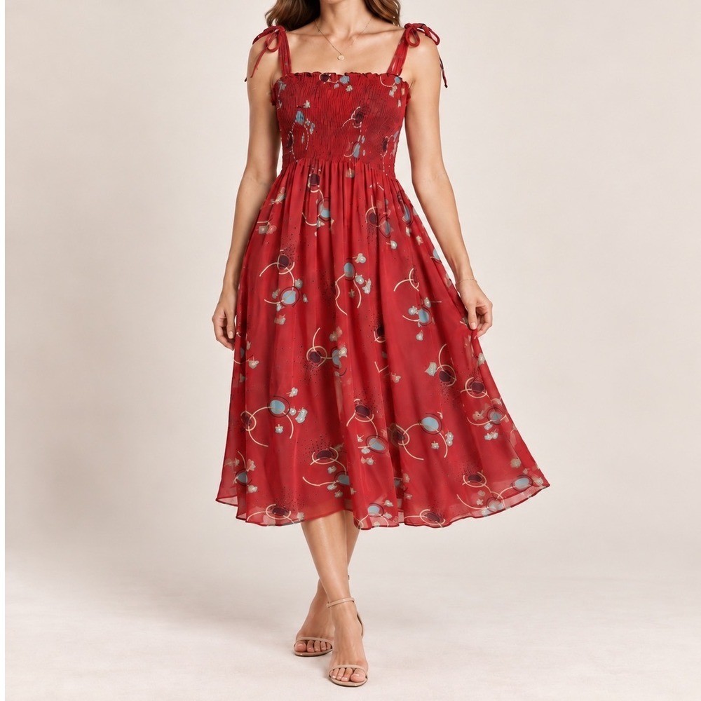 Silksense Bucko Santa Fe 100% Silk Red Abstract Print Smocked Midi Dress Medium